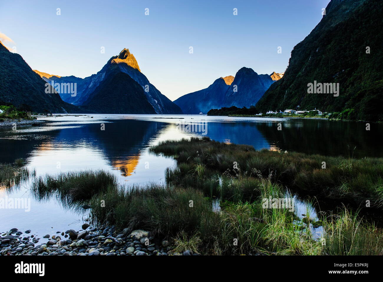 Tôt le matin, la lumière dans le Milford Sound, Fiordland National Park, site de l'UNESCO, l'île du Sud, Nouvelle-Zélande Banque D'Images