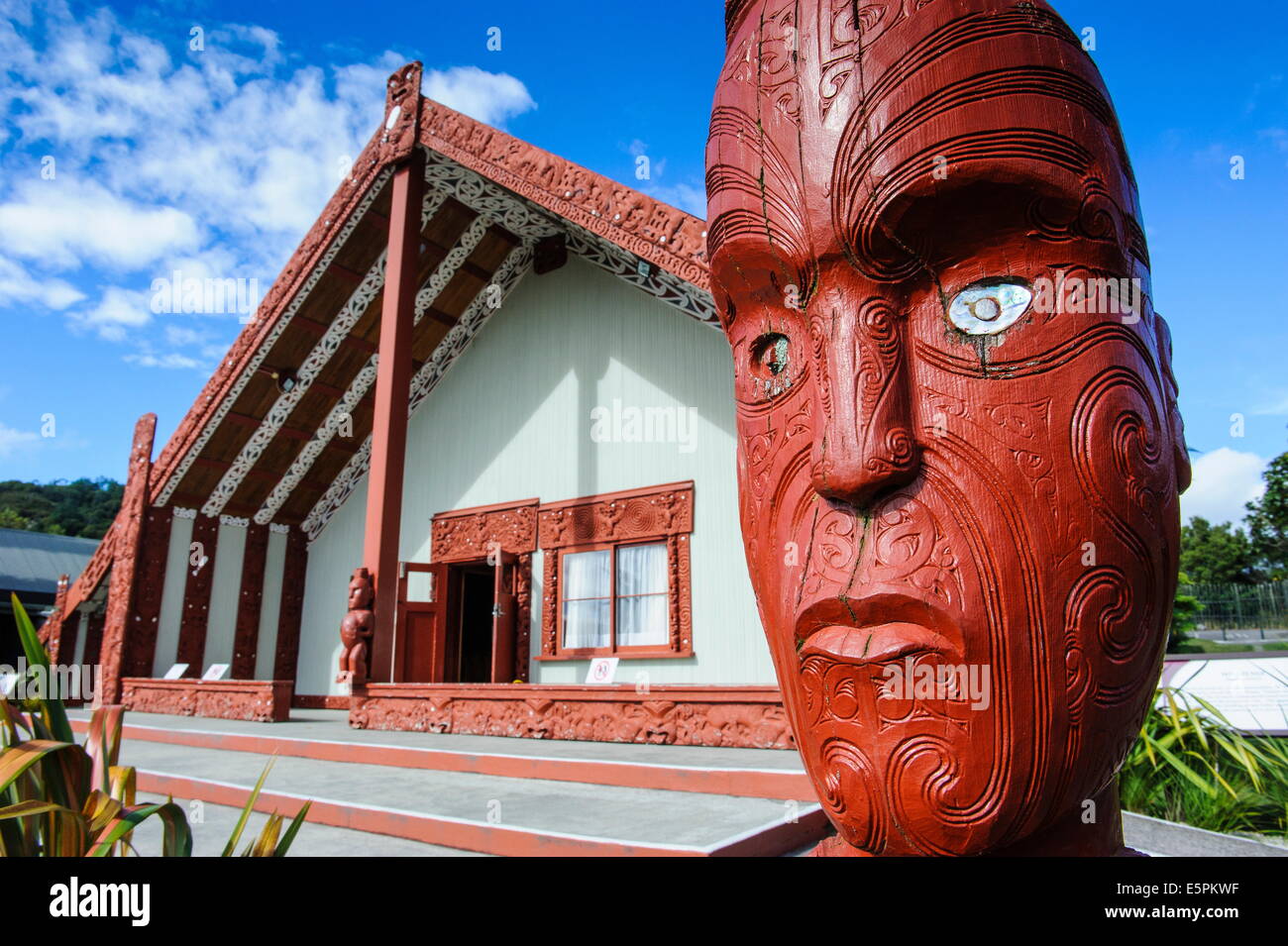 Masque sculpté en bois traditionnel dans le centre culturel maori Te Puia, Rotorura, île du Nord, Nouvelle-Zélande, Pacifique Banque D'Images