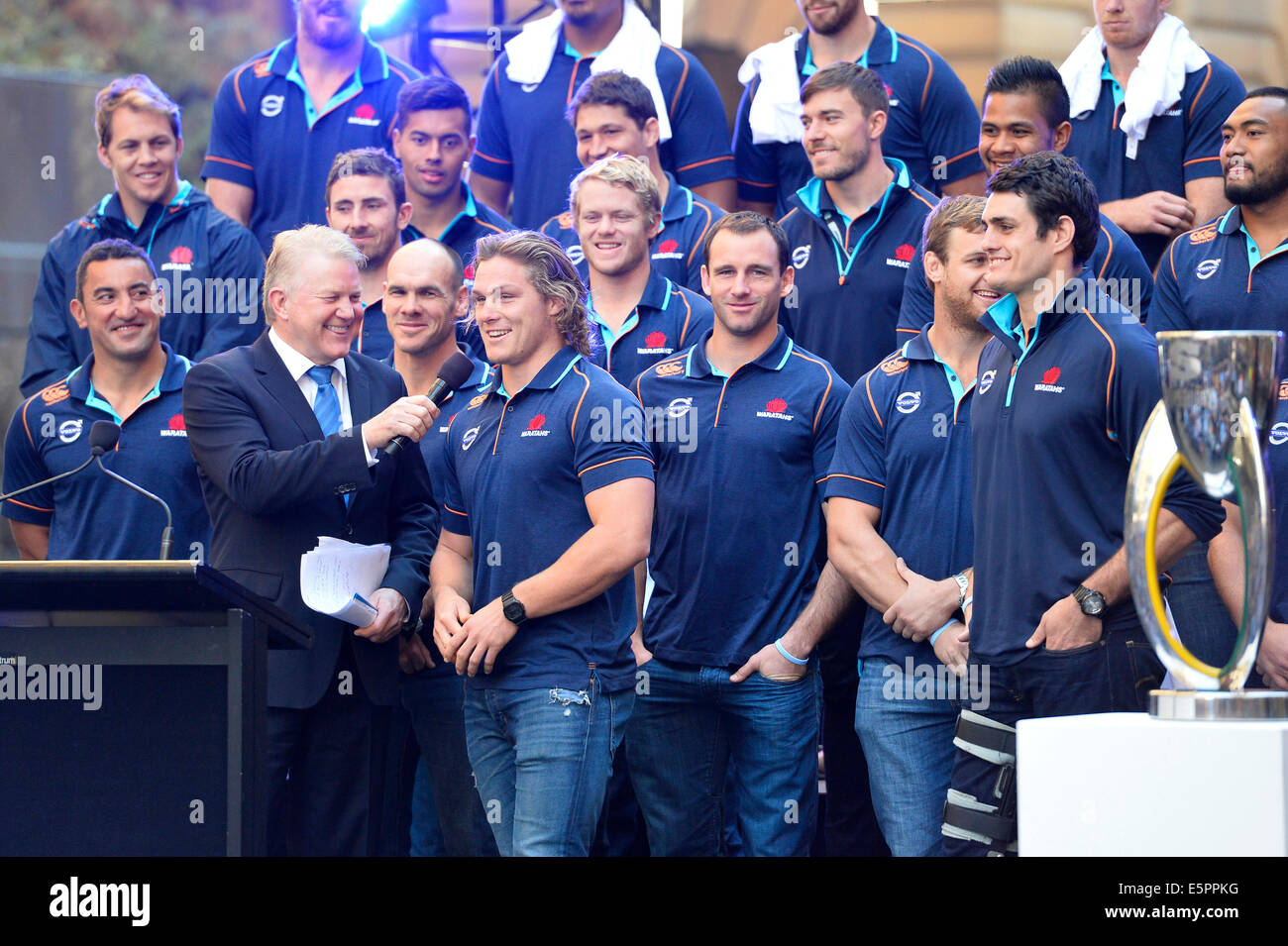 Sydney, Australie. Le 05 août, 2014. NSW Waratahs Rugby super réception officielle. Le capitaine Michael Hooper est interviewé. Credit : Action Plus Sport/Alamy Live News Banque D'Images