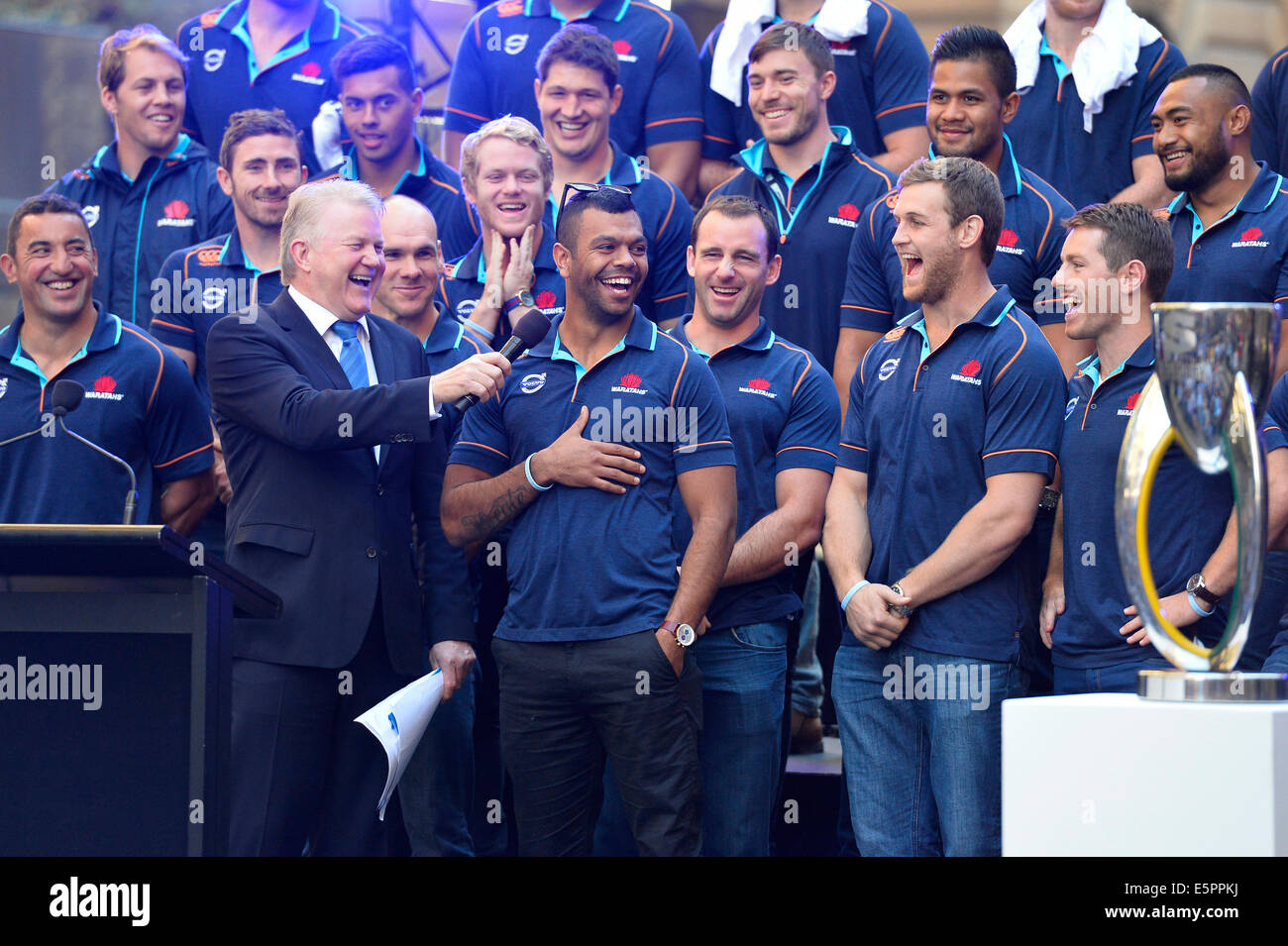 Sydney, Australie. Le 05 août, 2014. NSW Waratahs Rugby super réception officielle. Kurtley Beale est interviewé. Credit : Action Plus Sport/Alamy Live News Banque D'Images