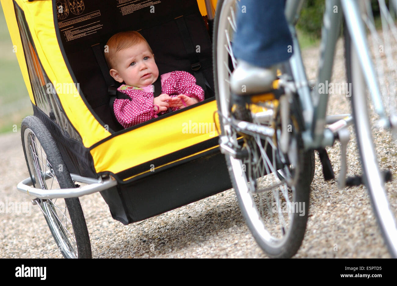 13-month-old baby girl in a baby voir vélo. Banque D'Images