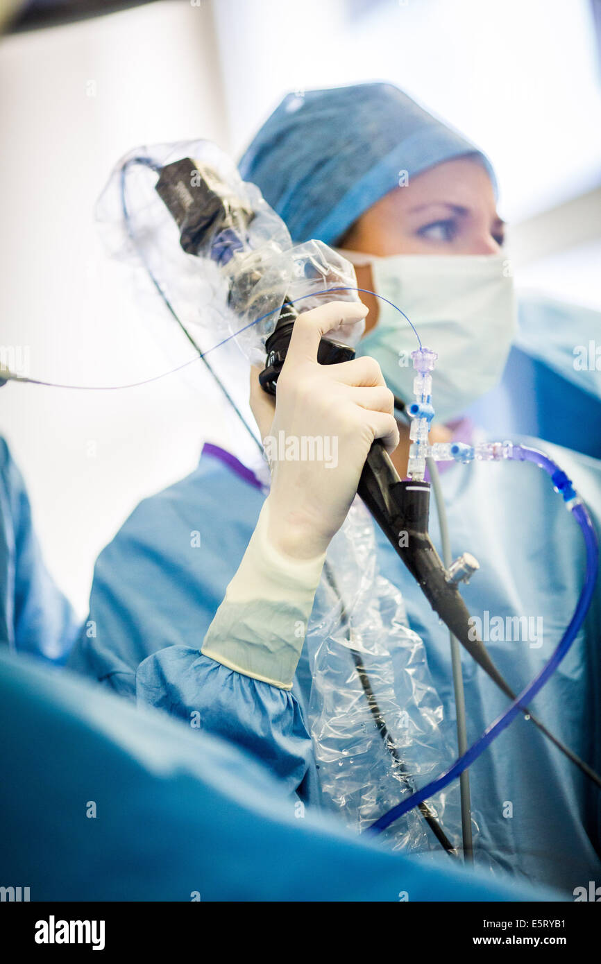 Un ureterorenoscopy laser flexible, lithotripsie, un ureterorenoscope est introduit par l'urètre de pulvériser Banque D'Images