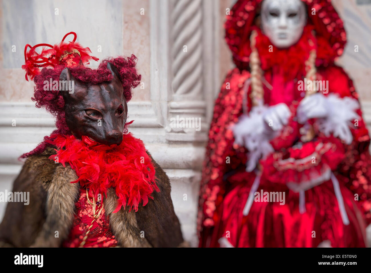 L'homme en costume de loup de mer donne sur la place San Zaccaria comme Chaperon Rouge cherche sur pendant le Carnaval de Venise. Banque D'Images