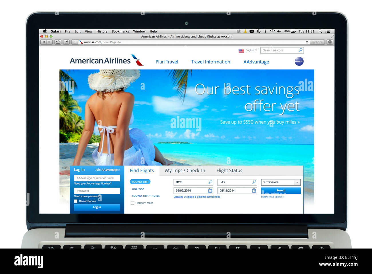 La réservation d'un vol d'American Airlines sur un 13' Apple MacBook Pro, USA Banque D'Images