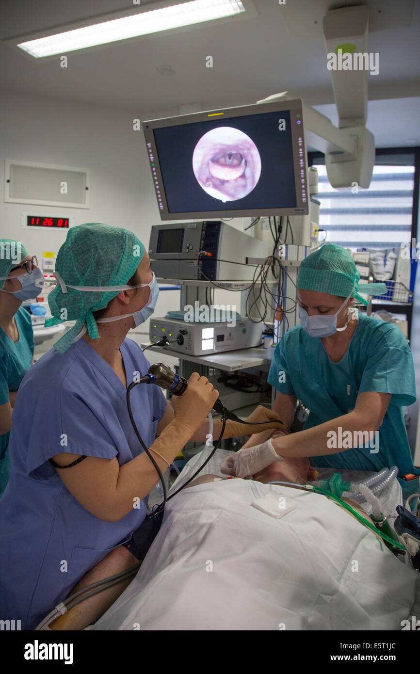 Le patient sous endoscopie du sommeil afin de déterminer les causes du ronflement, hôpital Foch, Suresnes, France. Banque D'Images