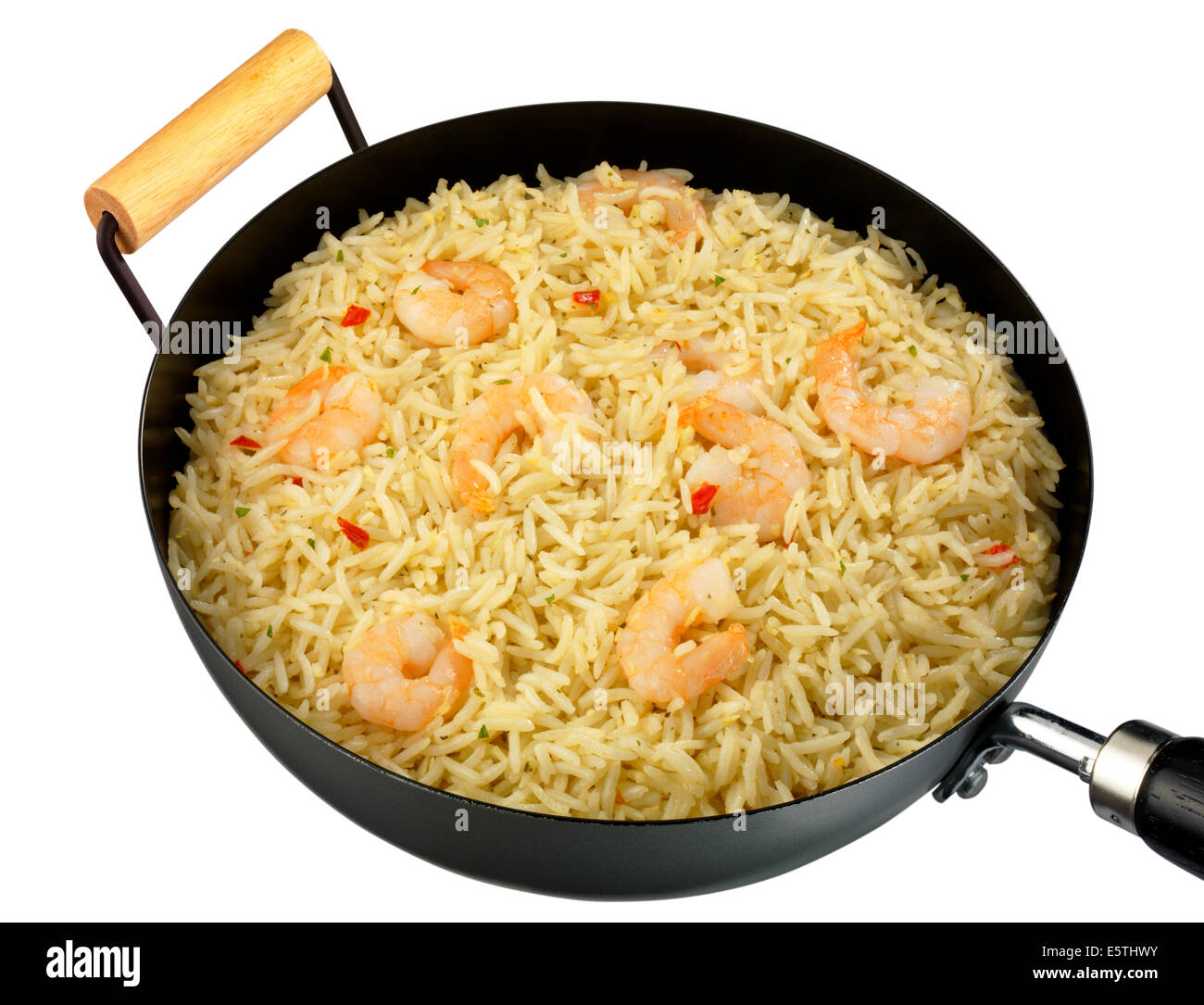 Vert sauté au wok riz thaï aux crevettes OU LES CREVETTES Banque D'Images