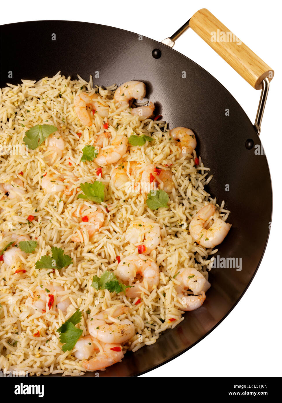 Vert sauté au wok riz thaï aux crevettes OU LES CREVETTES Banque D'Images