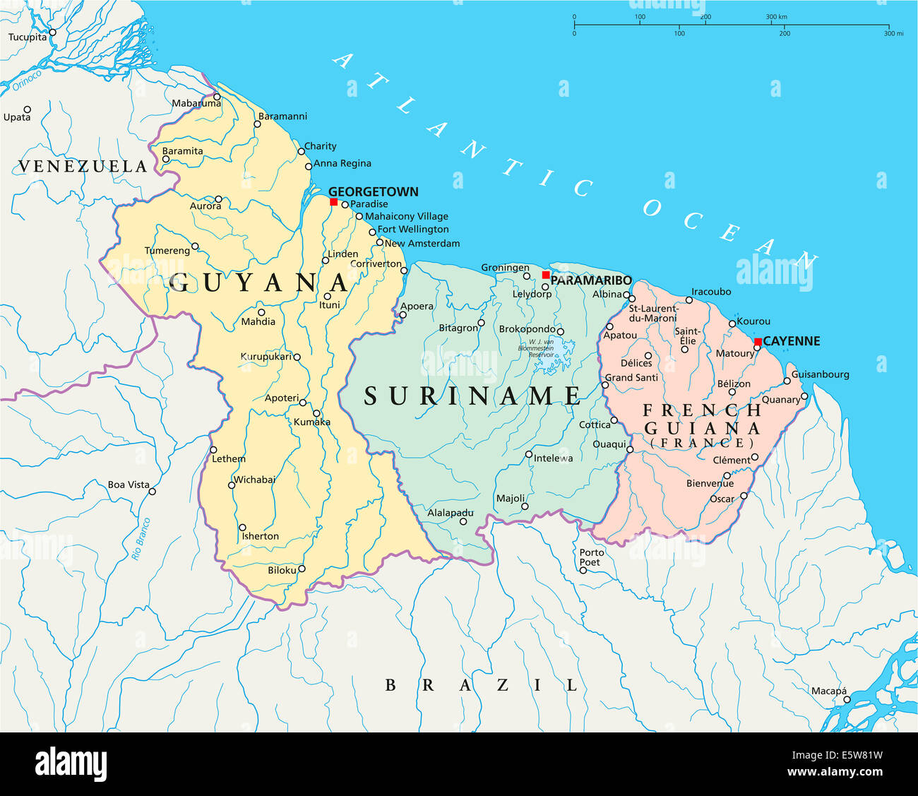 Le Guyana, le Suriname et la Guyane française Carte Politique Banque D'Images