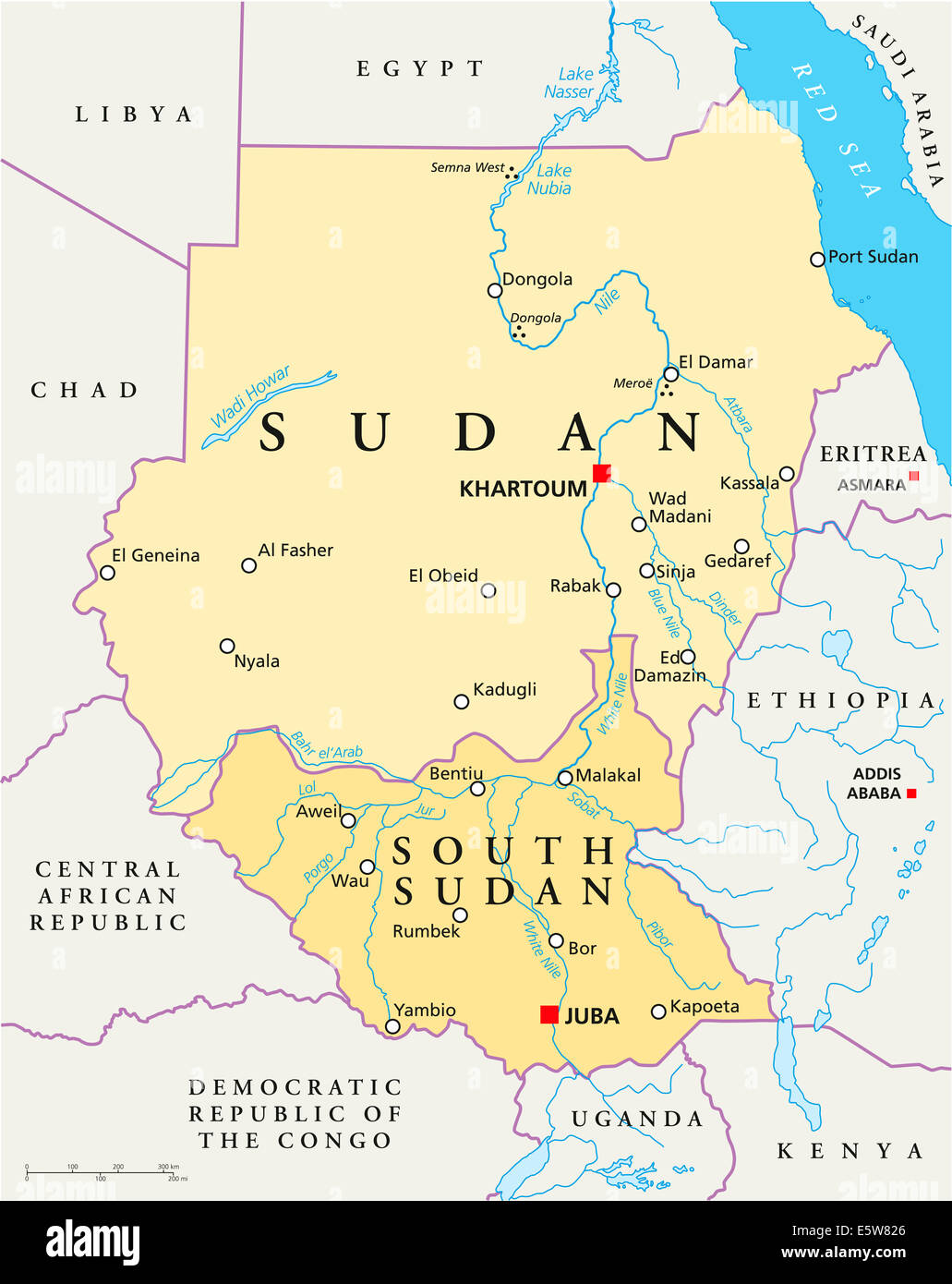 Le Soudan et le Soudan du Sud Carte politique avec les capitales Khartoum et Juba, les frontières nationales, d'importantes villes, rivières et lacs. Banque D'Images