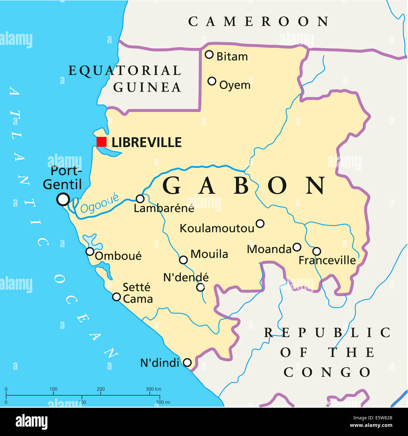 Carte politique du Gabon à Libreville, capitale des frontières nationales, la plupart des villes importantes, les rivières et le lac avec l'anglais à l'étiquetage. Banque D'Images