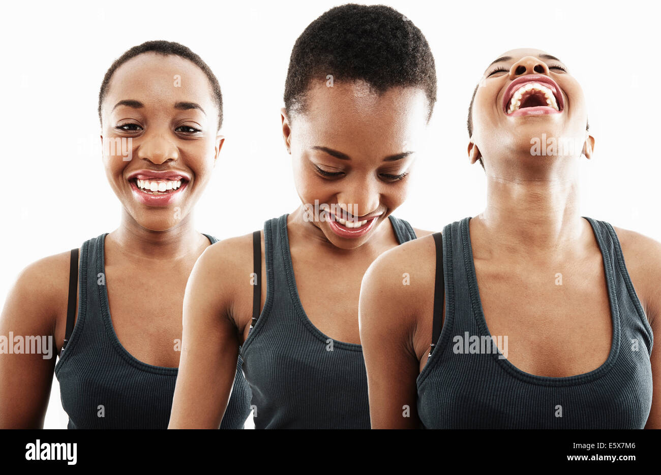 Trois fois de multi-exposition jeune femme sourire et rire Banque D'Images