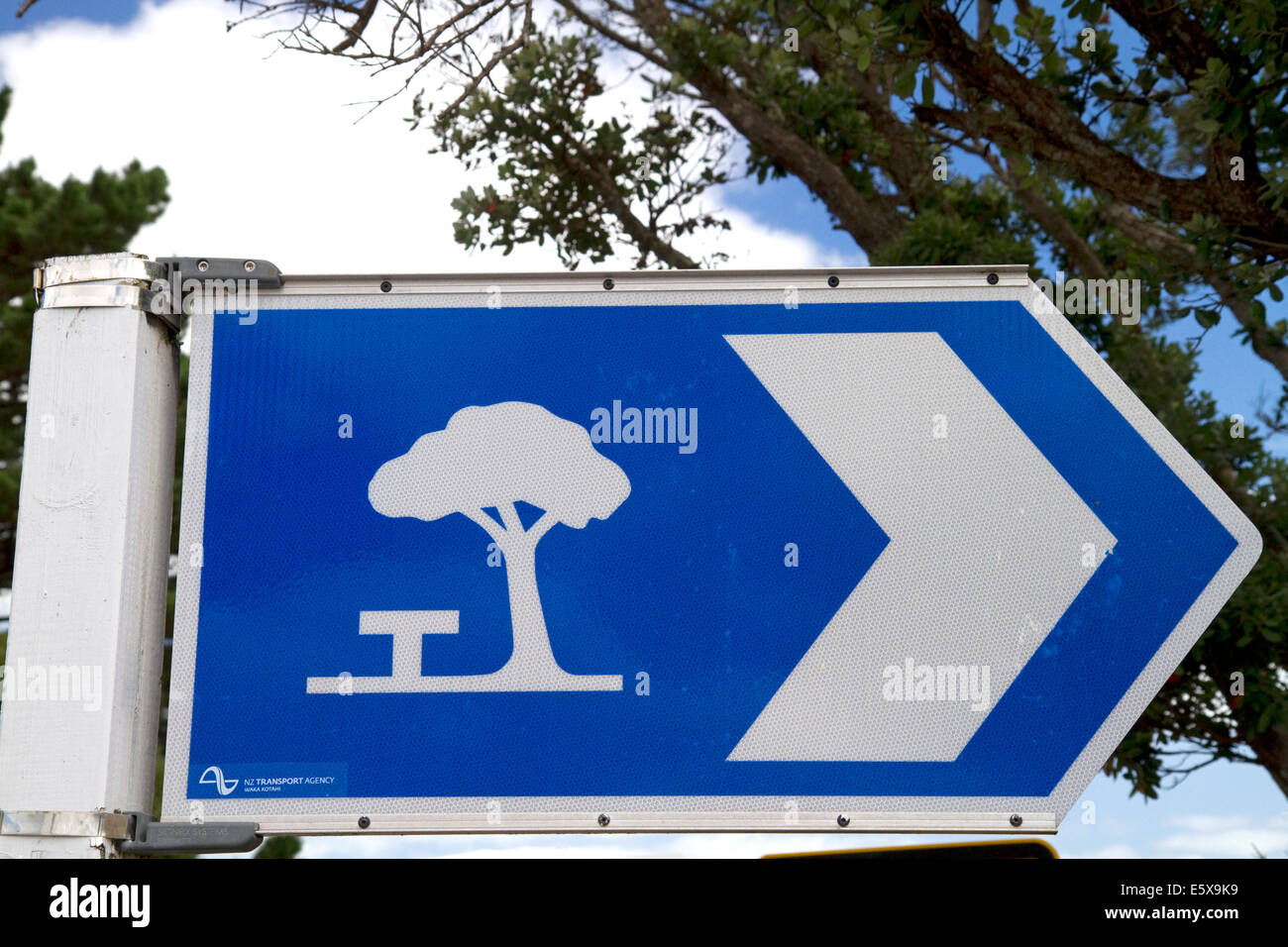 Panneau routier indiquant qu'un site de pique-nique est près de sur l'île Nord de la Nouvelle-Zélande. Banque D'Images