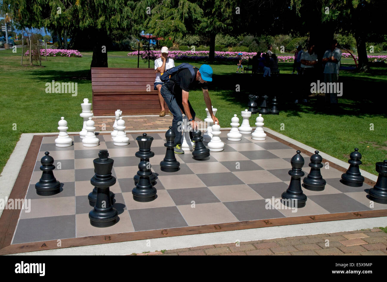 Jeu d'échecs en plein air dans un parc à Taupo dans la région de Waikato, Nouvelle-Zélande, île du Nord. Banque D'Images