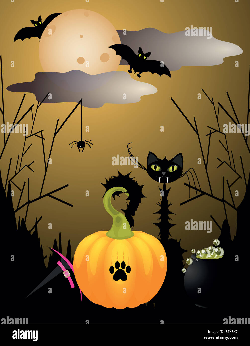 Critters halloween avec cat, lune, chauve-souris, citrouille Banque D'Images