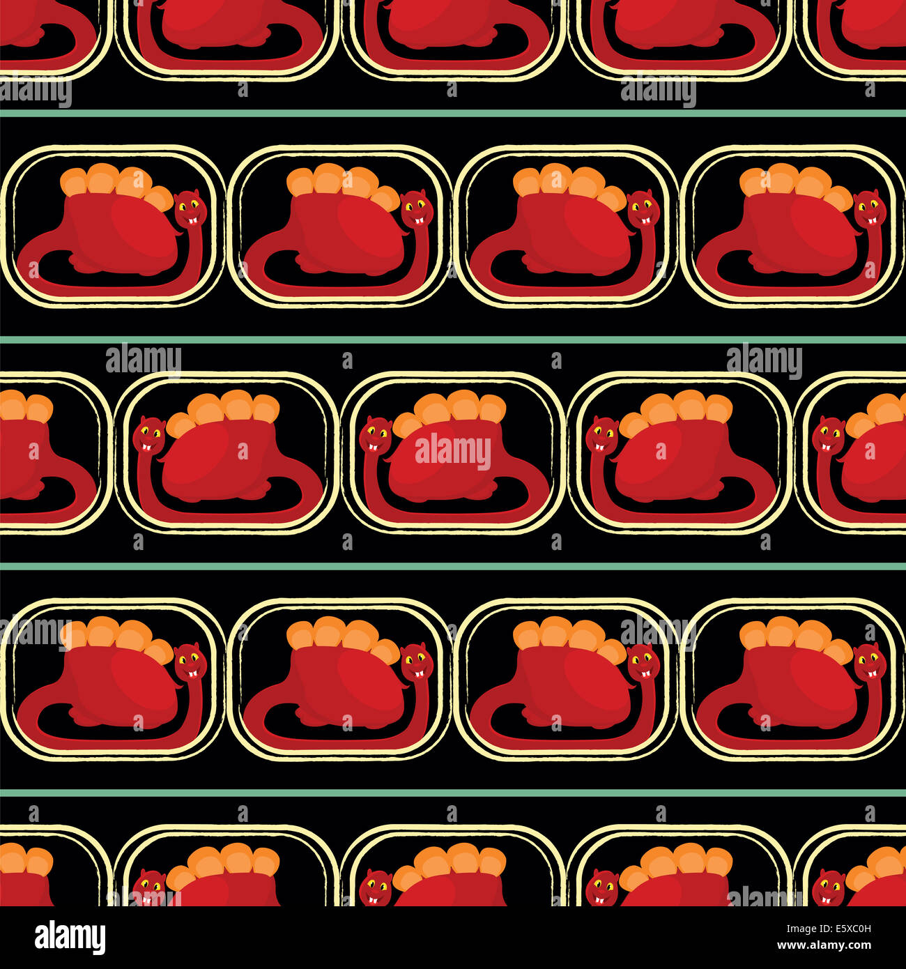 Modèle sans couture avec de nombreux dinosaures rouge sur fond noir Banque D'Images