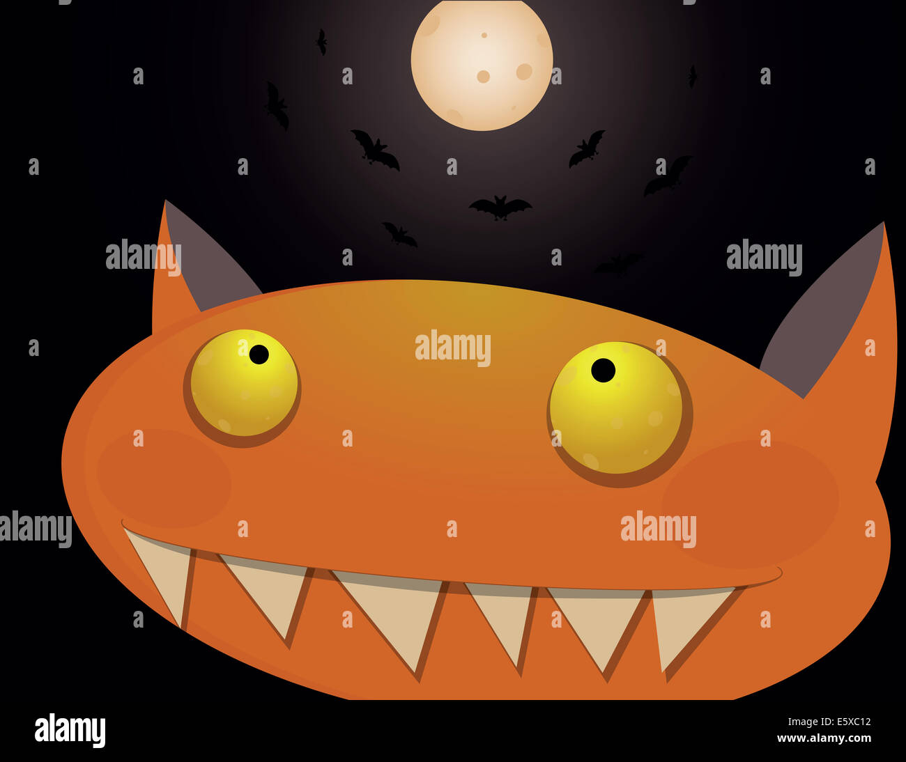 Funny monster orange le soir de l'halloween avec lune et les chauves-souris Banque D'Images