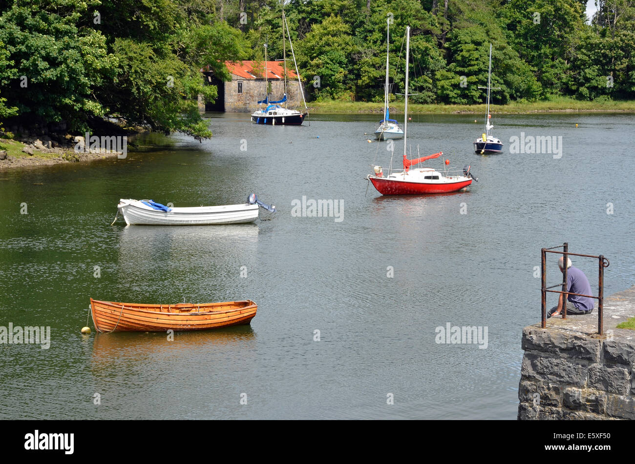 Les petits yachts amarrés dans un endroit à la tête de Westport Quay Harbour avec de la pierre d'un hangar à bateaux derrière. Banque D'Images