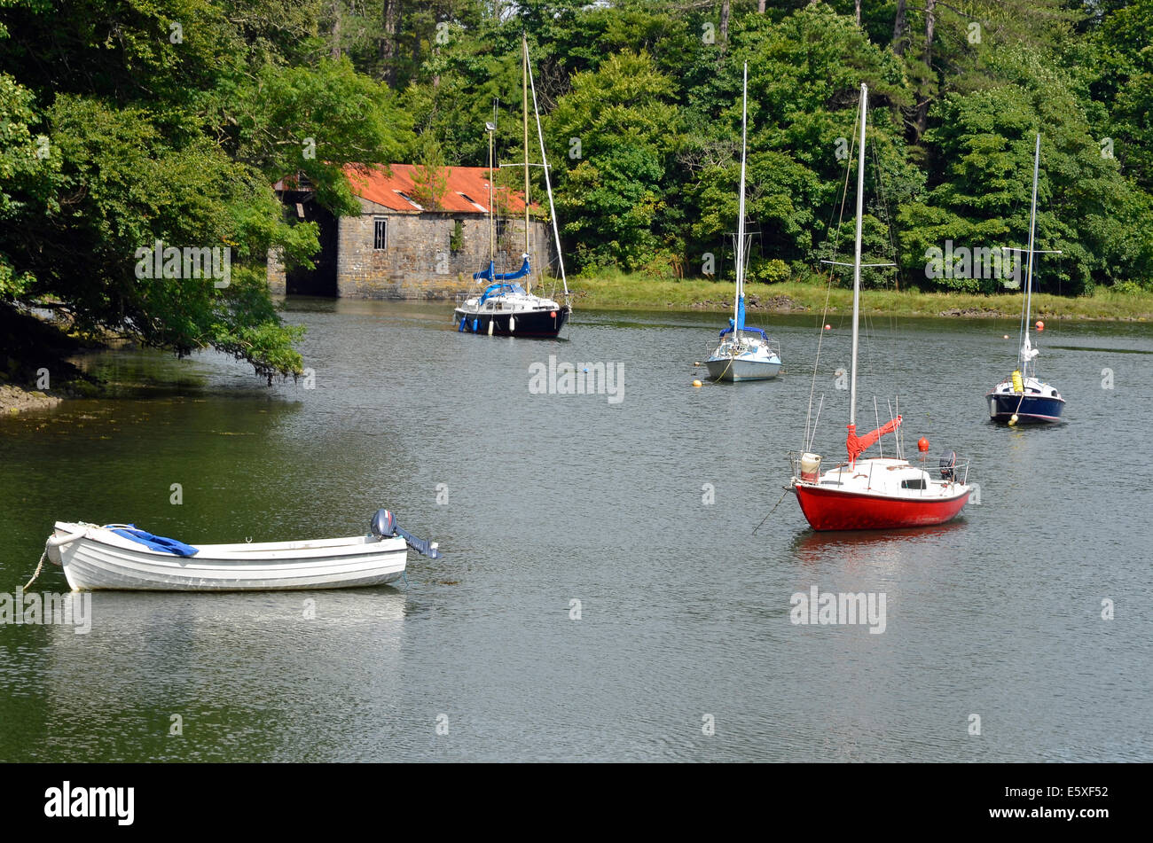 Les petits yachts amarrés dans un endroit à la tête de Westport Quay Harbour avec de la pierre d'un hangar à bateaux derrière. Banque D'Images