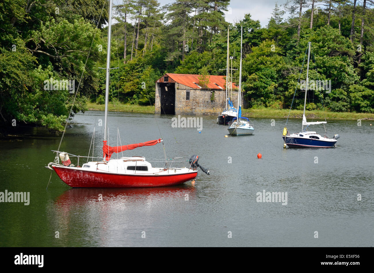 Les petits yachts amarrés dans un endroit à la tête de Westport Quay Harbour avec de la pierre d'un hangar à bateaux derrière. Banque D'Images
