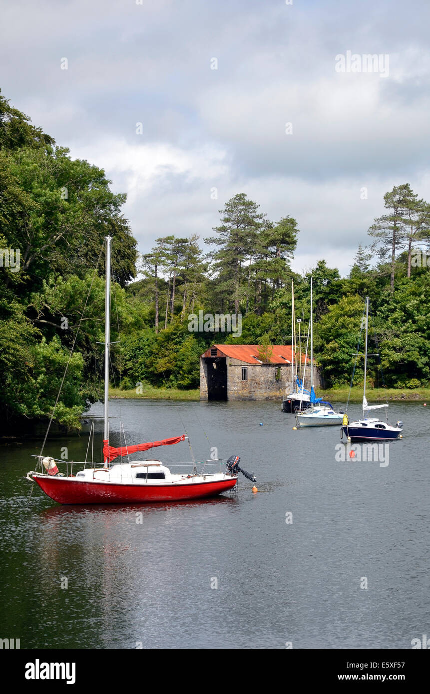 Les petits yachts amarrés dans un endroit à la tête de Westport Quay Harbour avec de la pierre d'un hangar à bateaux derrière. Banque D'Images
