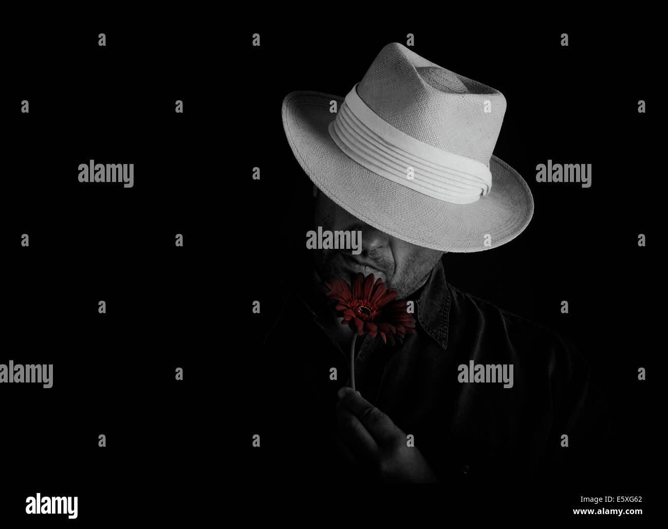 Homme romantique avec hat une fleur rouge, faible-key Banque D'Images