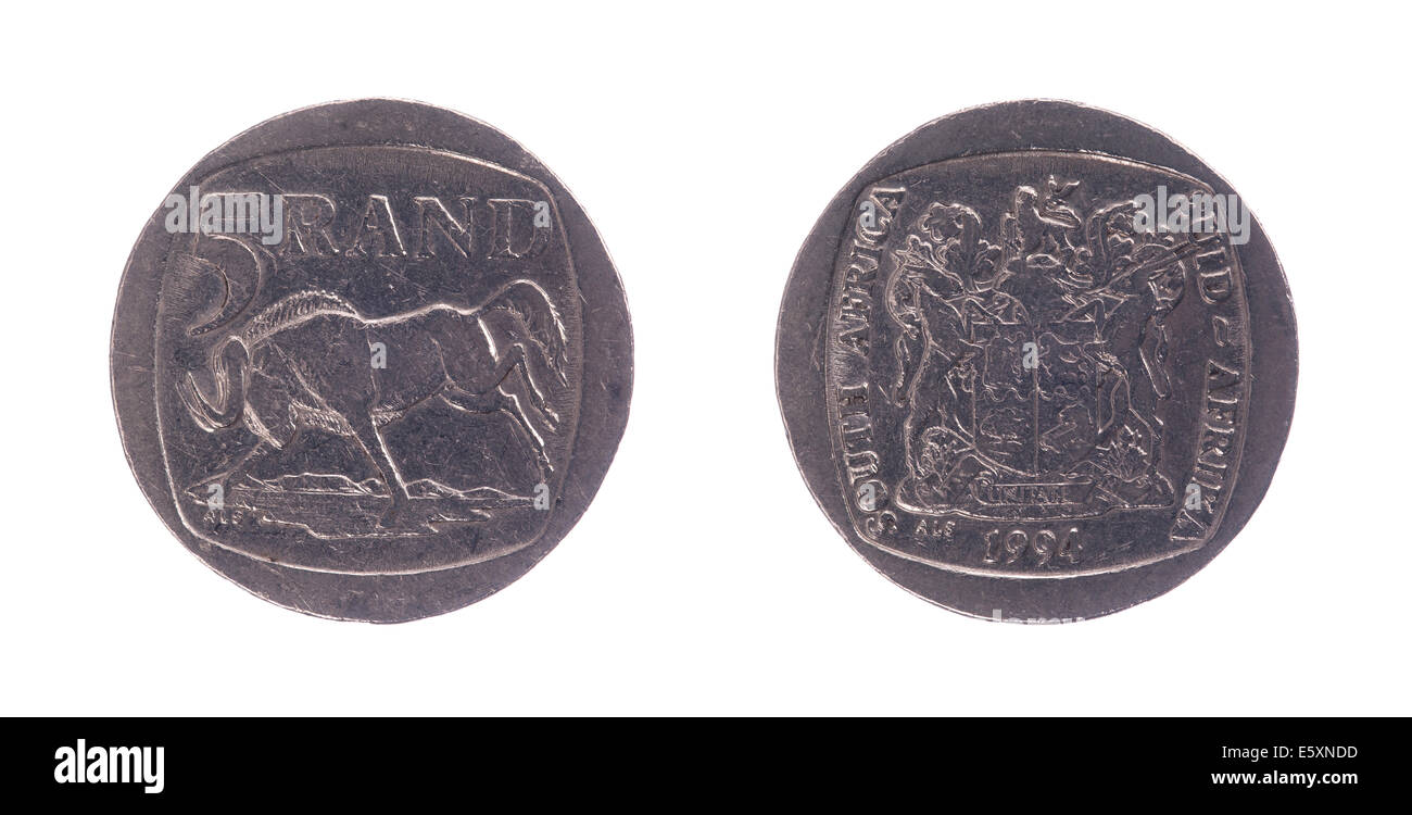 5 rands sud-africains coin isolé sur fond blanc Banque D'Images