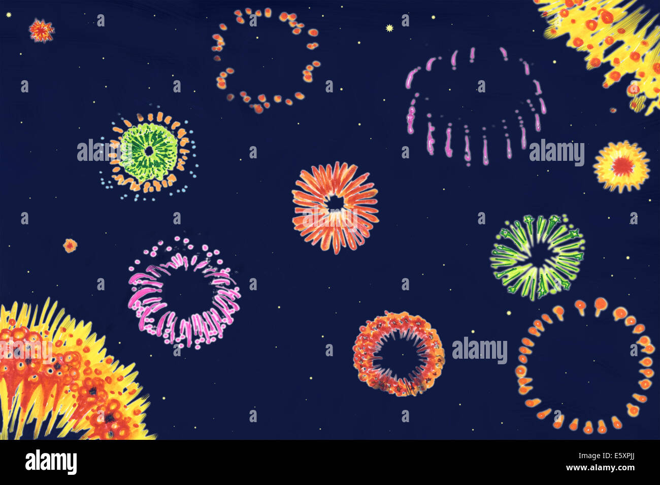 Fireworks at night, cartoon style illustration Banque D'Images