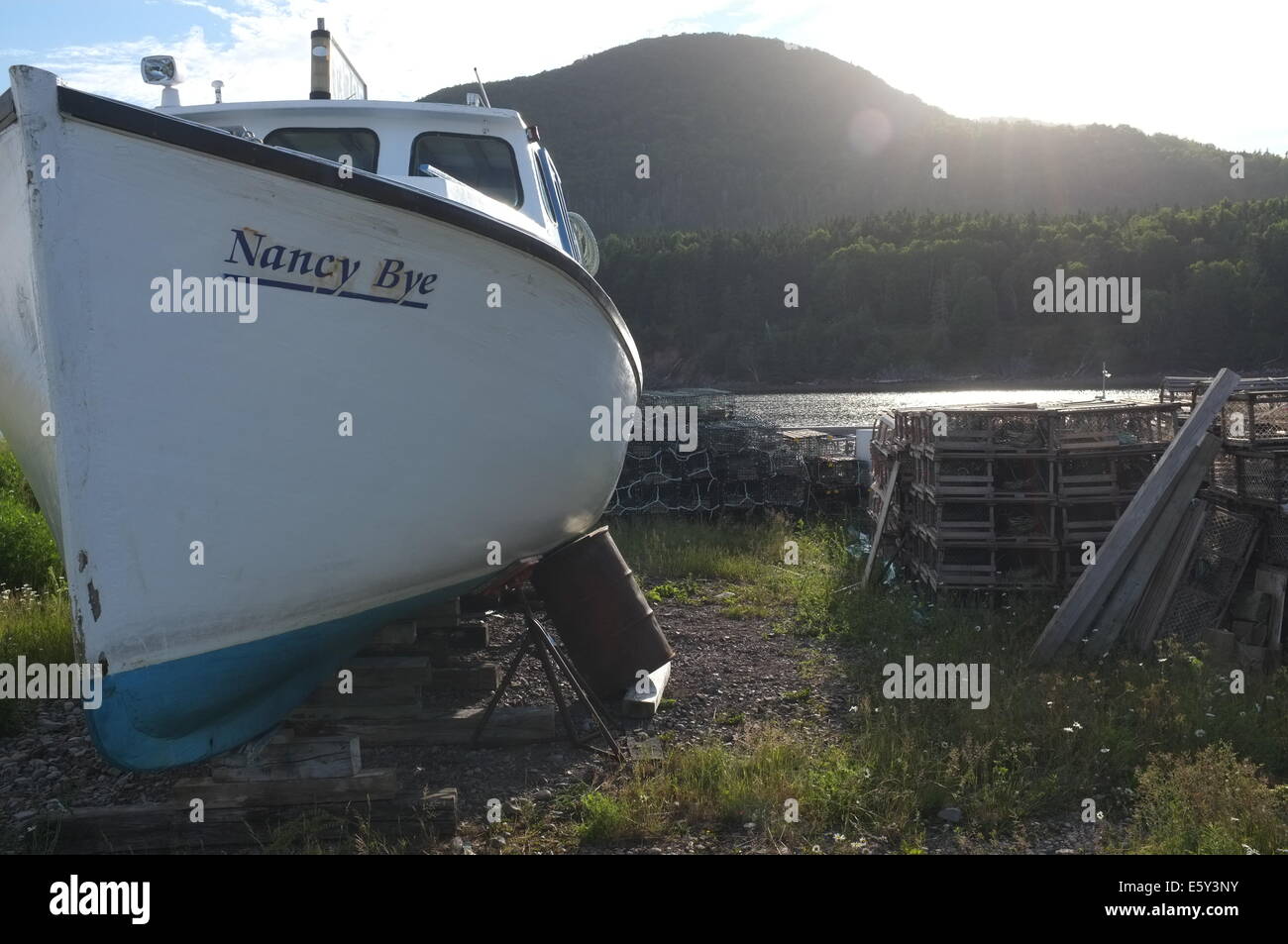 Un bateau de pêche au homard sur terre en Nouvelle-Écosse, Canada. Banque D'Images