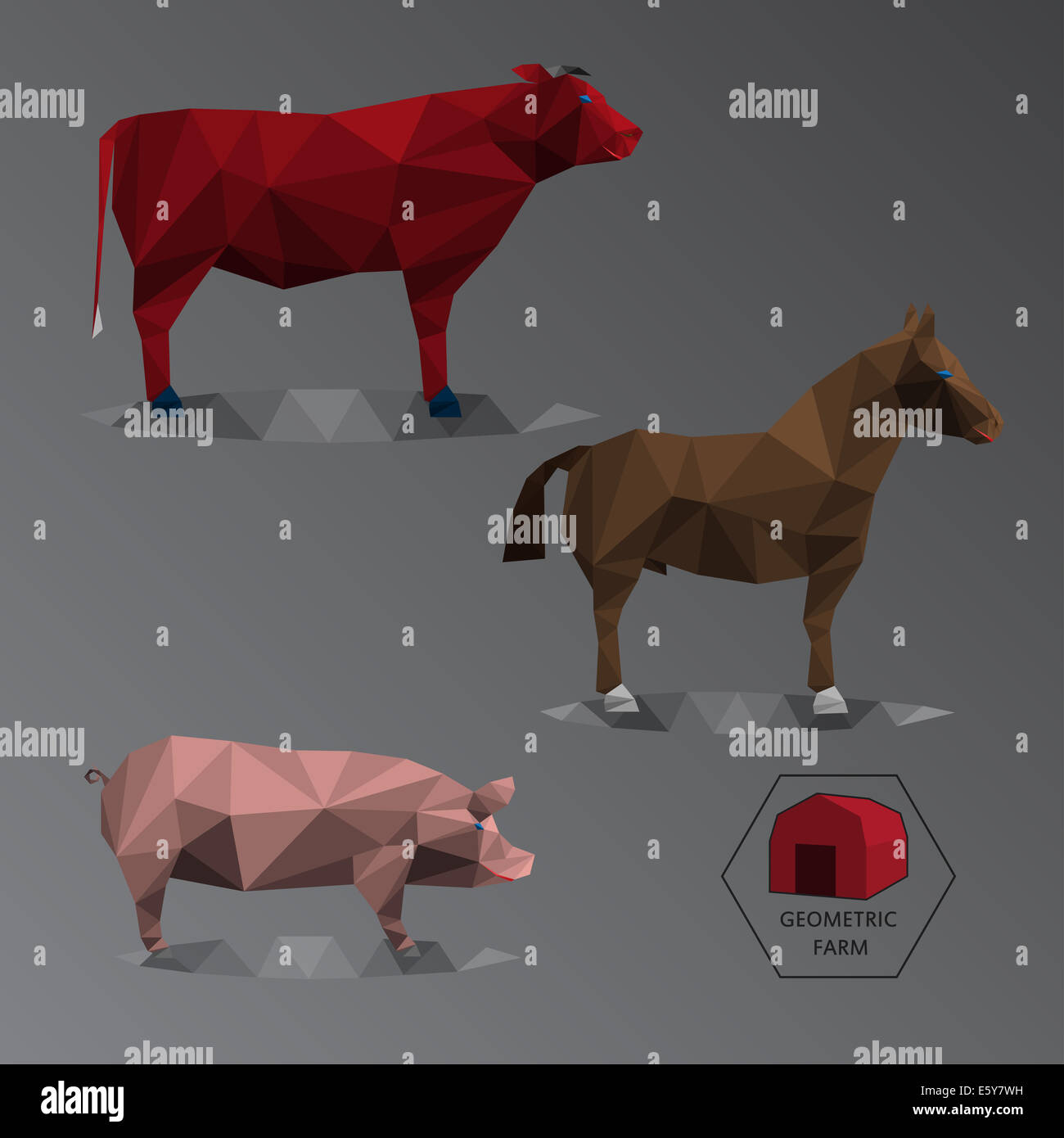 Pleine couleur illustration d'animaux de ferme géométrique faite de polygones triangle, ensemble de grand bétail comme bull, cheval, et de porcs Banque D'Images