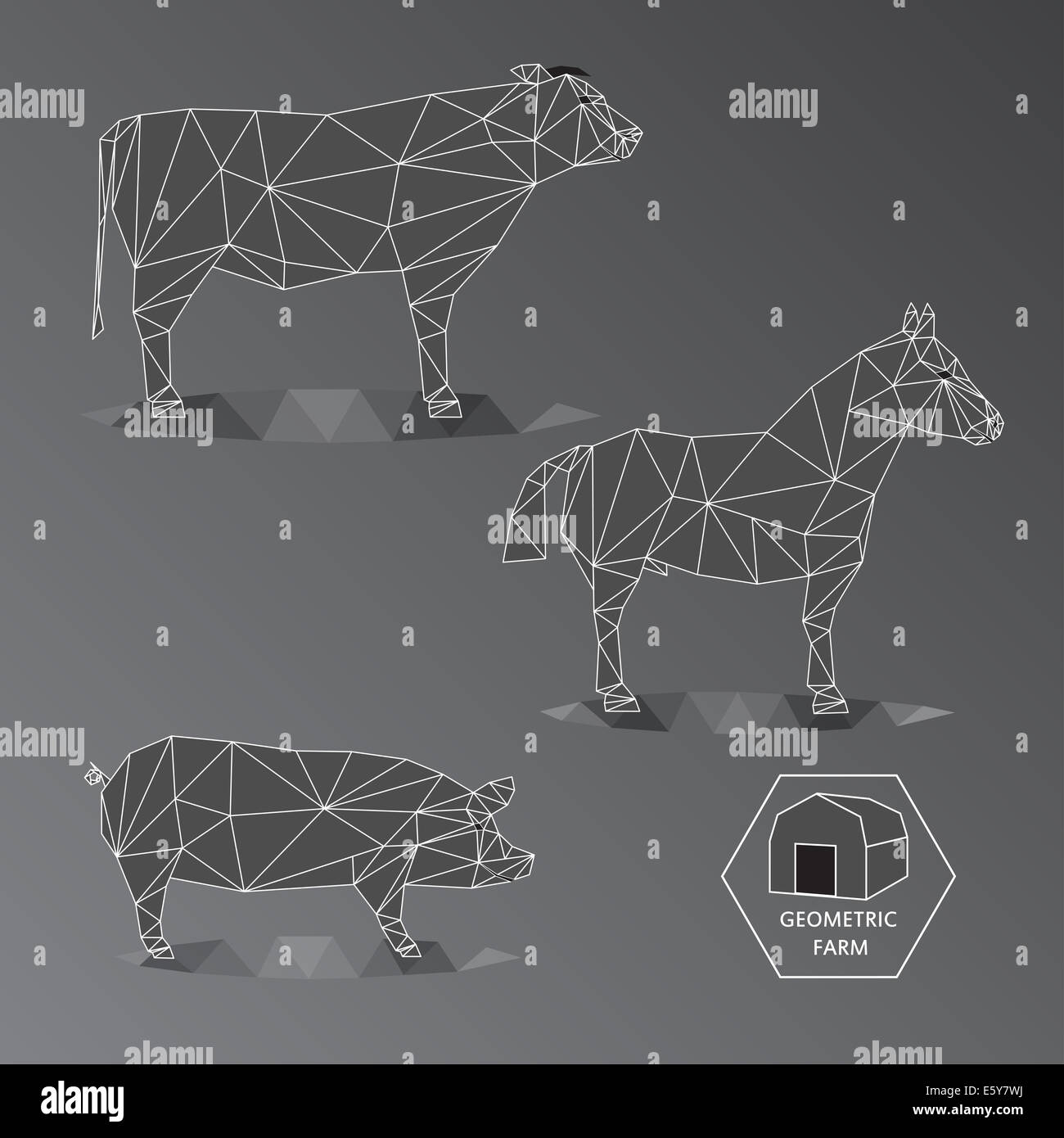 Illustration de l'échelle de gris d'animaux de ferme géométrique faite de polygones triangle, fil contour, ensemble de grand bétail comme bull, cheval Banque D'Images