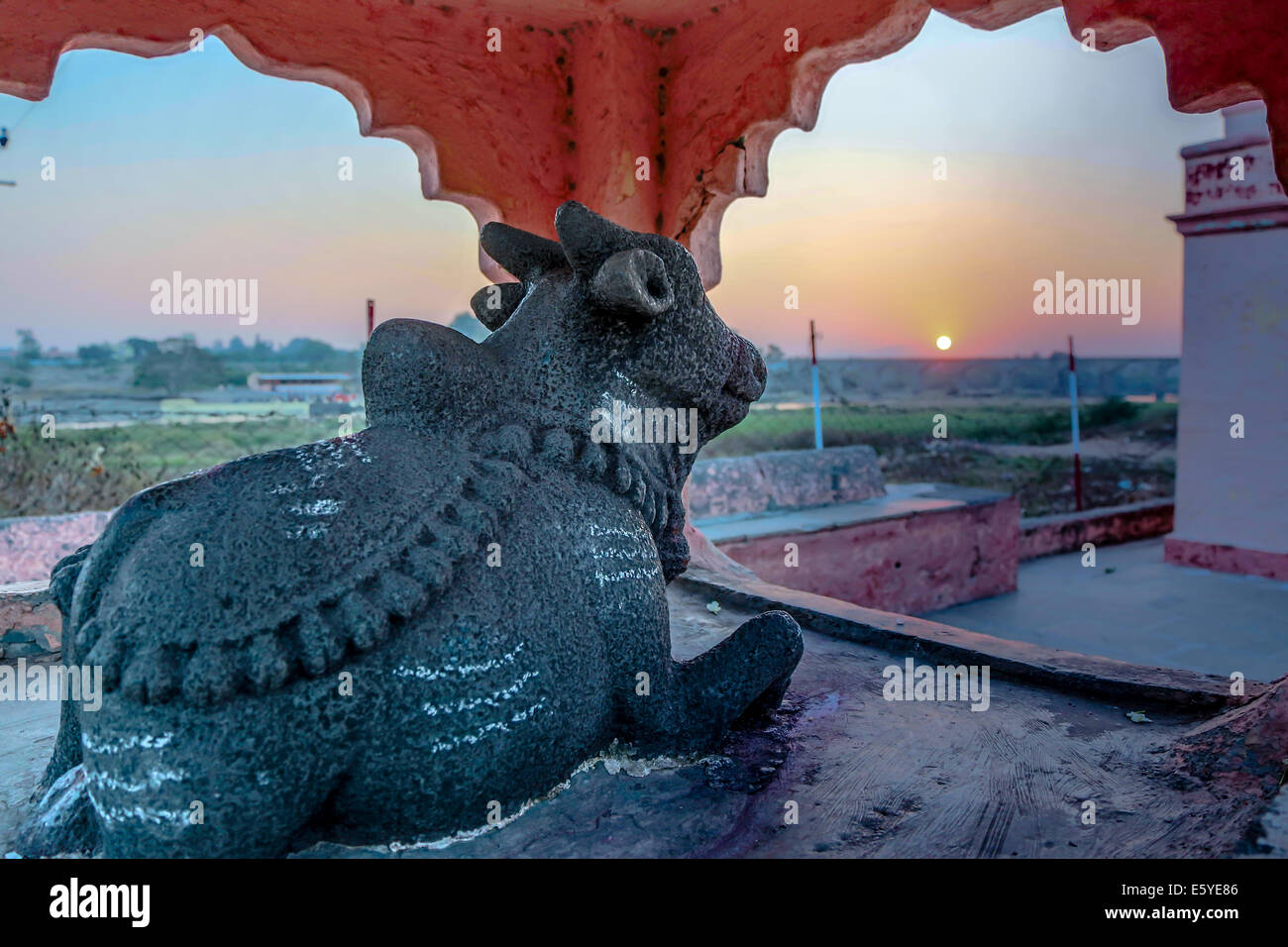 Nandi - véritable compagnon du dieu Shiva en regardant le soleil se lever à nouveau déployer les nouvelles merveilles de ce monde. Banque D'Images
