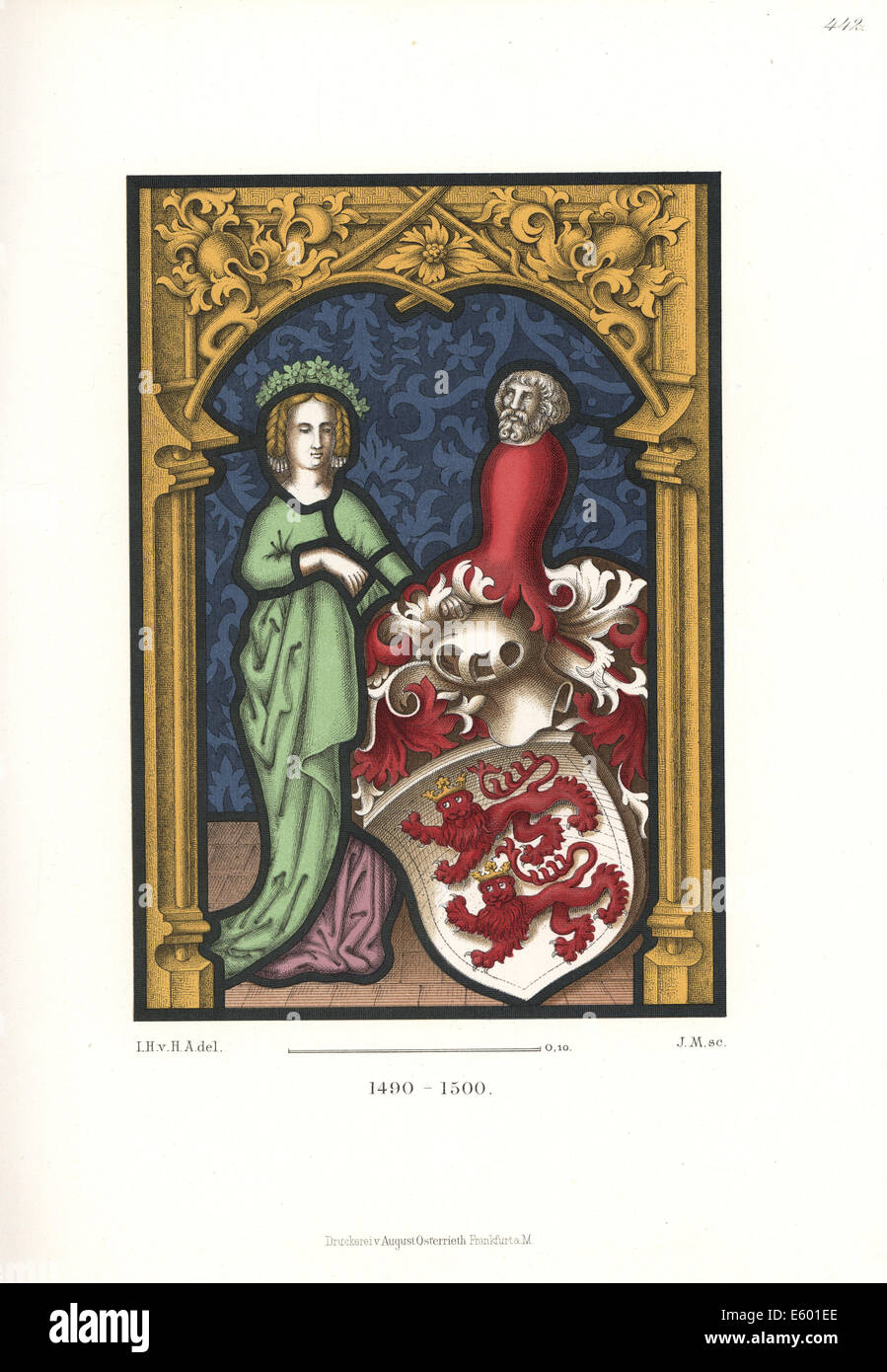 Vitrail portrait de femme en robe, 15e siècle. Banque D'Images