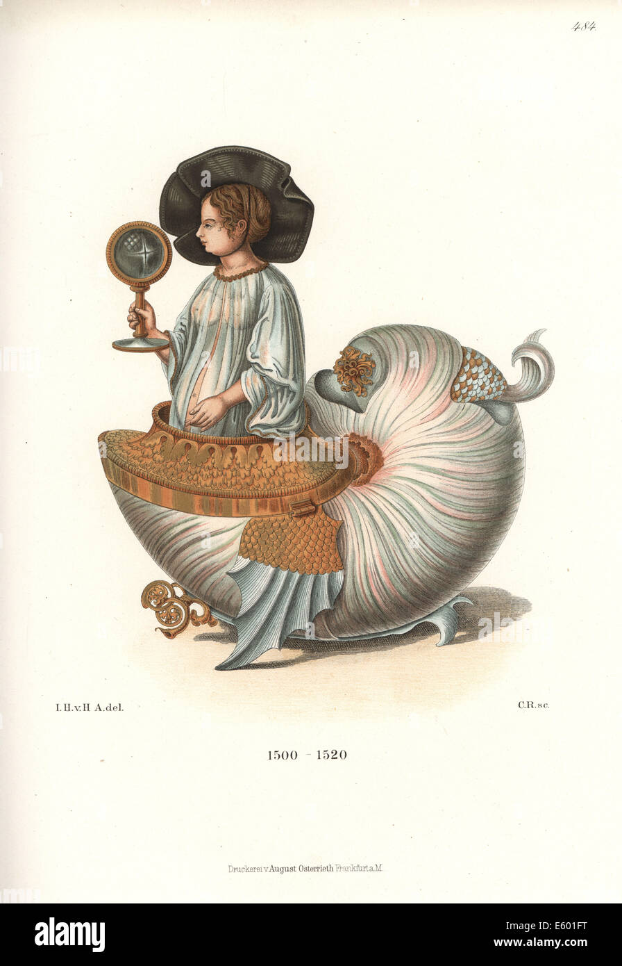 Winged nautilus shell avec une figure de femme, 16ème siècle. Banque D'Images