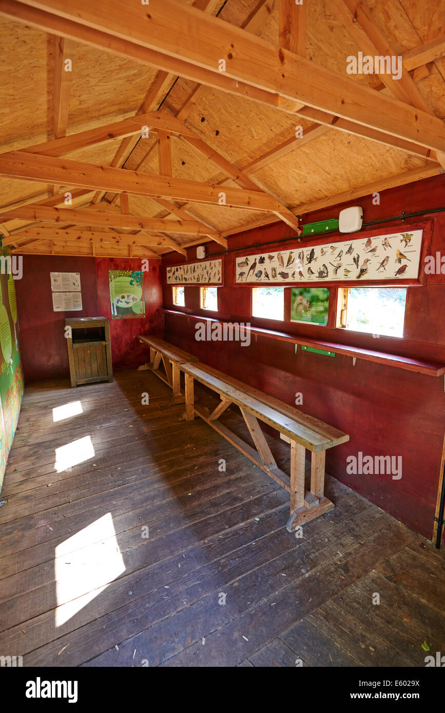 À l'intérieur d'une alimentation de la Faune Masquer Avec un guide illustré de la faune susceptibles d'être vu Center Parcs La Forêt de Sherwood UK Banque D'Images