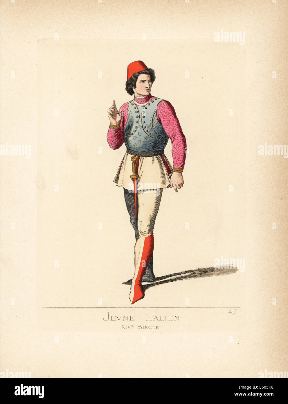 Jeune homme italien en costume militaire, 14e siècle. Banque D'Images