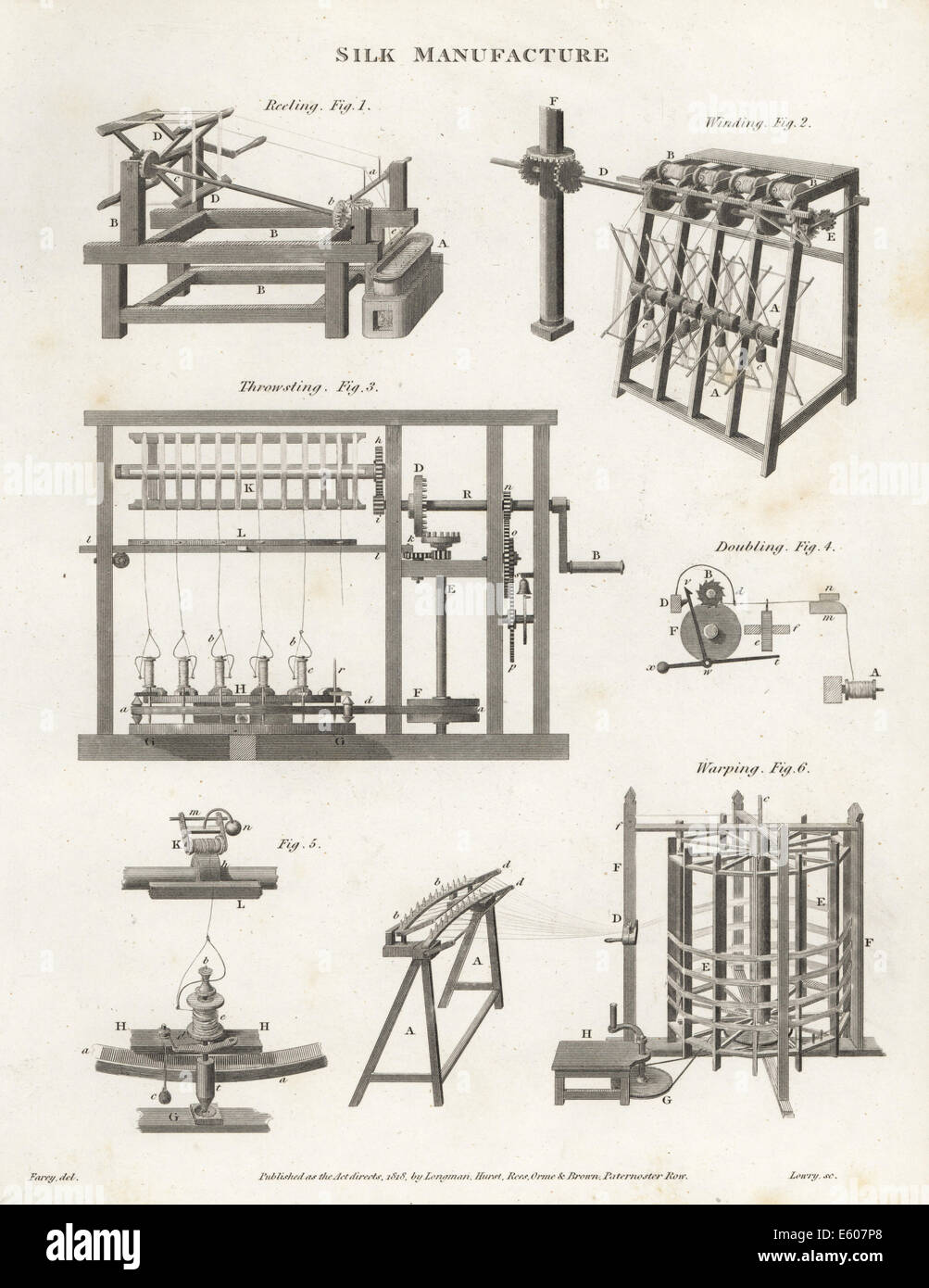 Machines pour la fabrication de la soie : le choc, bobinage, ourdissage, 18e siècle. Banque D'Images