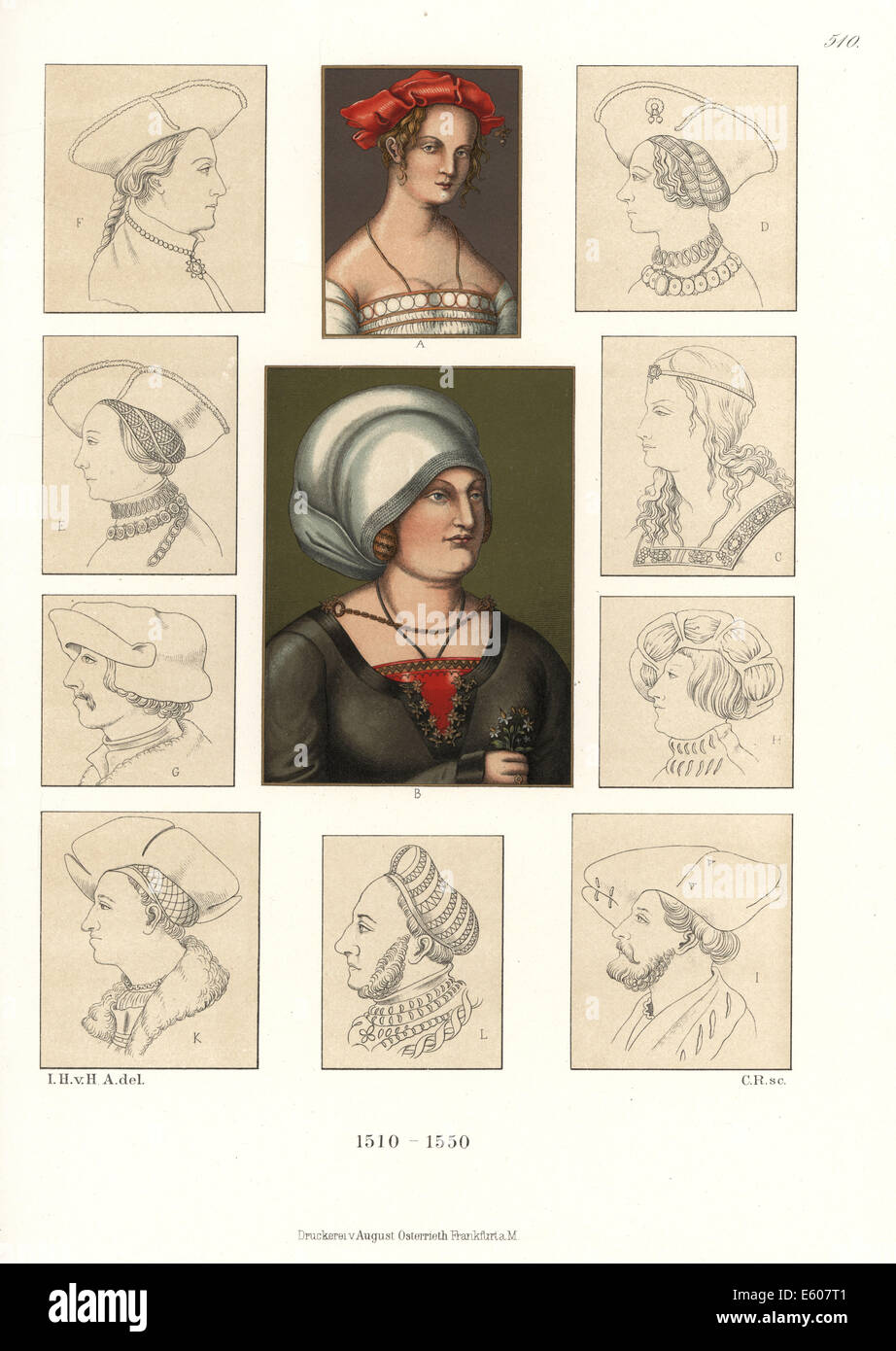 Chapeaux et bonnets du début du 16e siècle. Banque D'Images