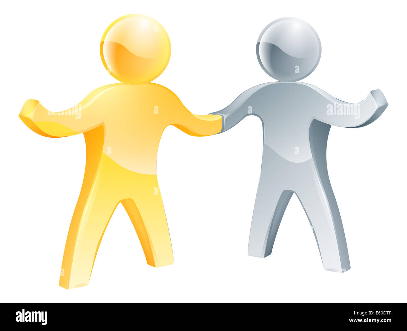 Concept d'accord deux mascottes heureux mignon ensemble shaking hands Banque D'Images