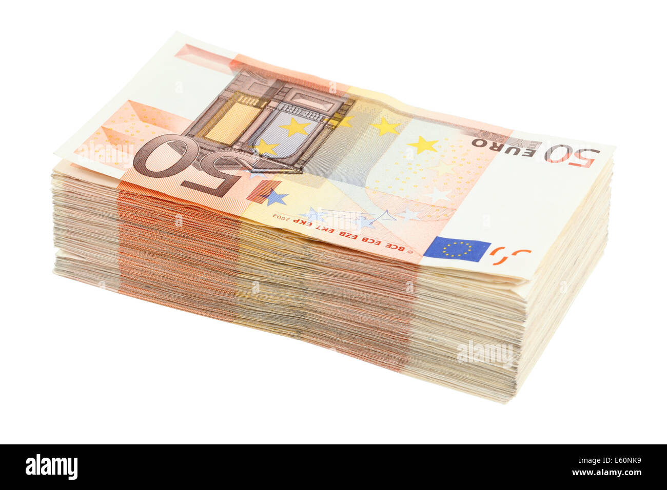Pile de cinquante billets sur fond blanc Banque D'Images