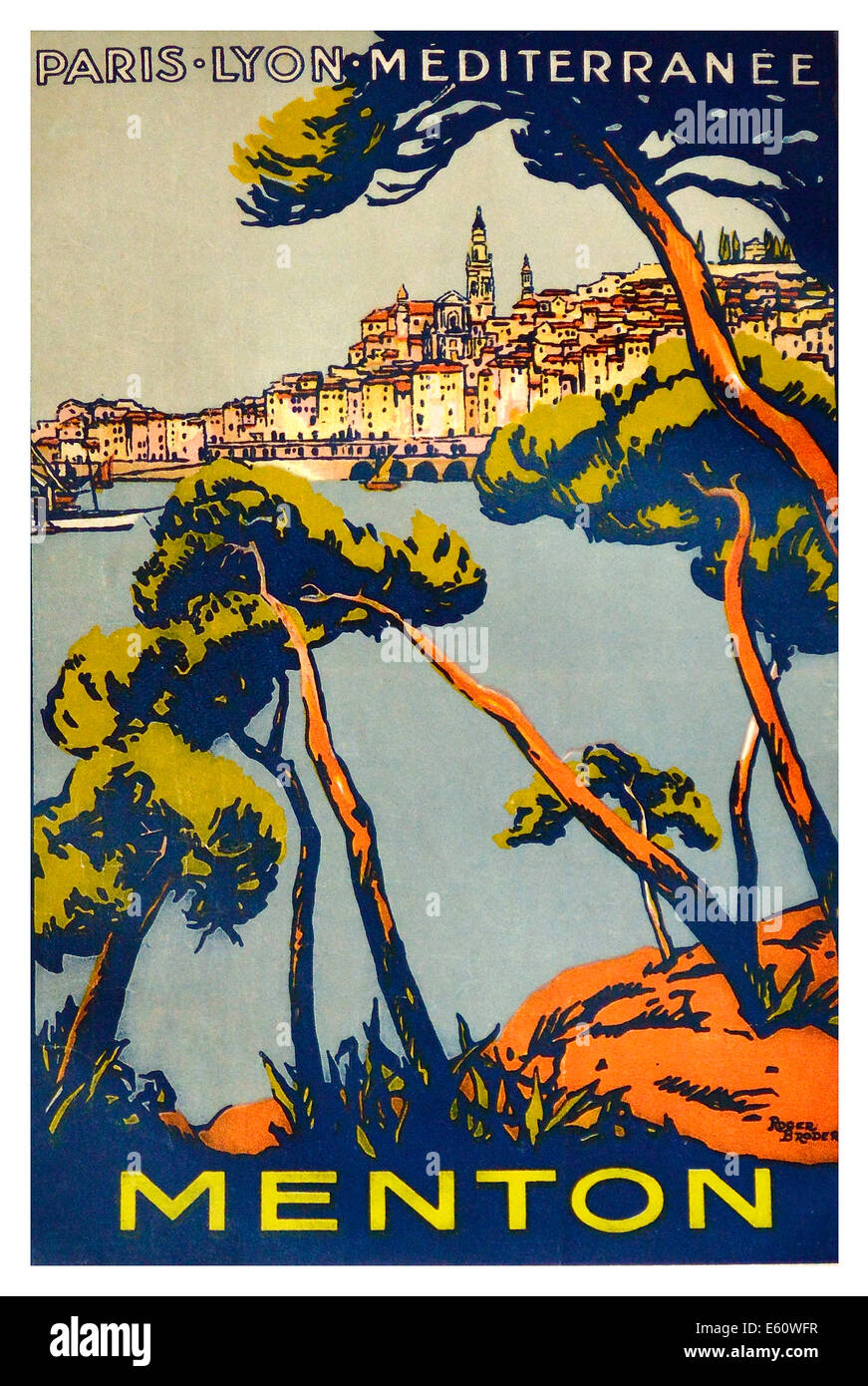 Vintage French travel poster Menton Cote d'Azur voyage ferroviaire français 1930 Banque D'Images