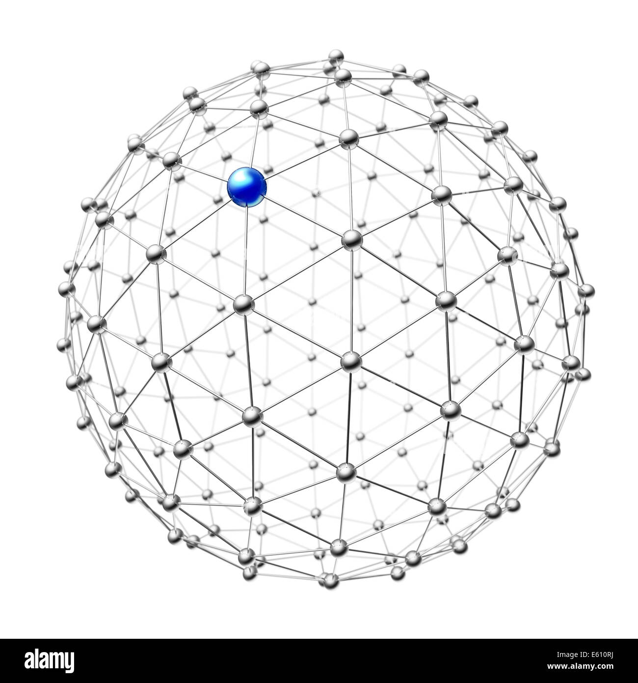 Un groupe de sphères métalliques crée la forme d'une sphère plus grande et avec une grande sphère bleue. Banque D'Images