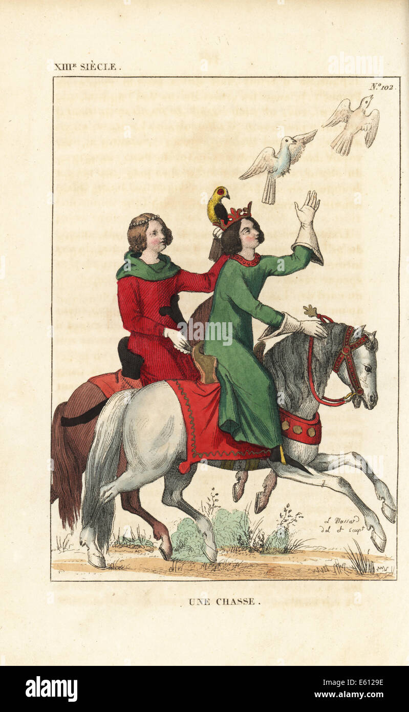 Couple français noble de la chasse avec les faucons, 13e siècle. Banque D'Images