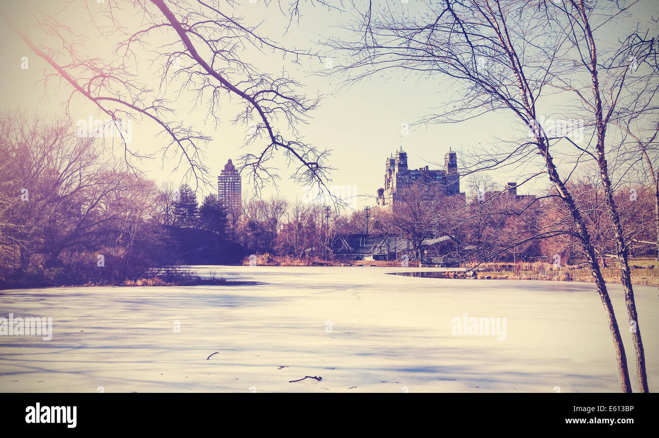 Vintage photo de Central Park Lake en hiver. New York, USA. Banque D'Images