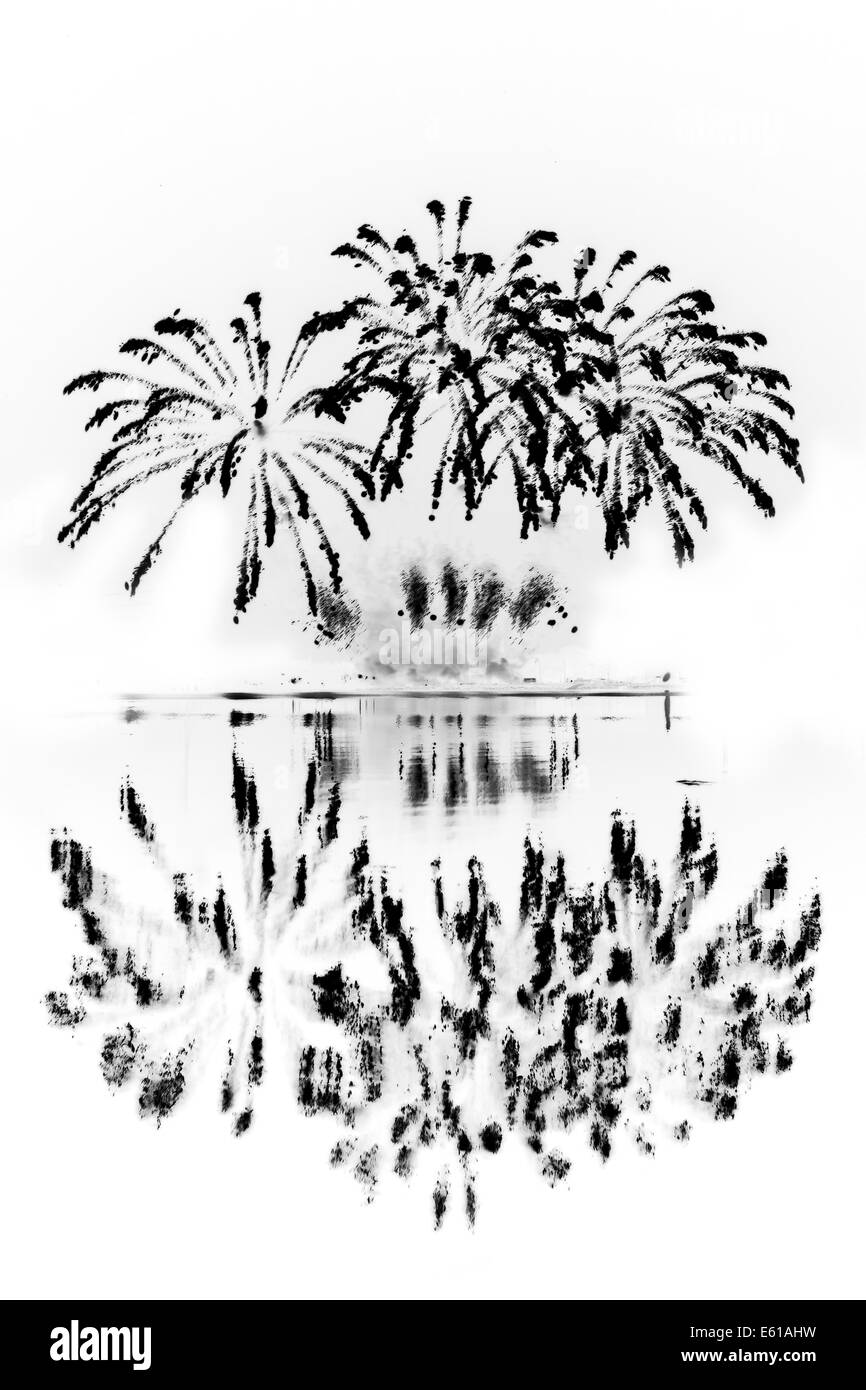 Des explosions d'Artifices et inversé en noir et blanc avec la réflexion de la mer en face. Banque D'Images Des explosions d'Artifices et inversé en noir et blanc avec la réflexion de la mer en face. Banque D'Images