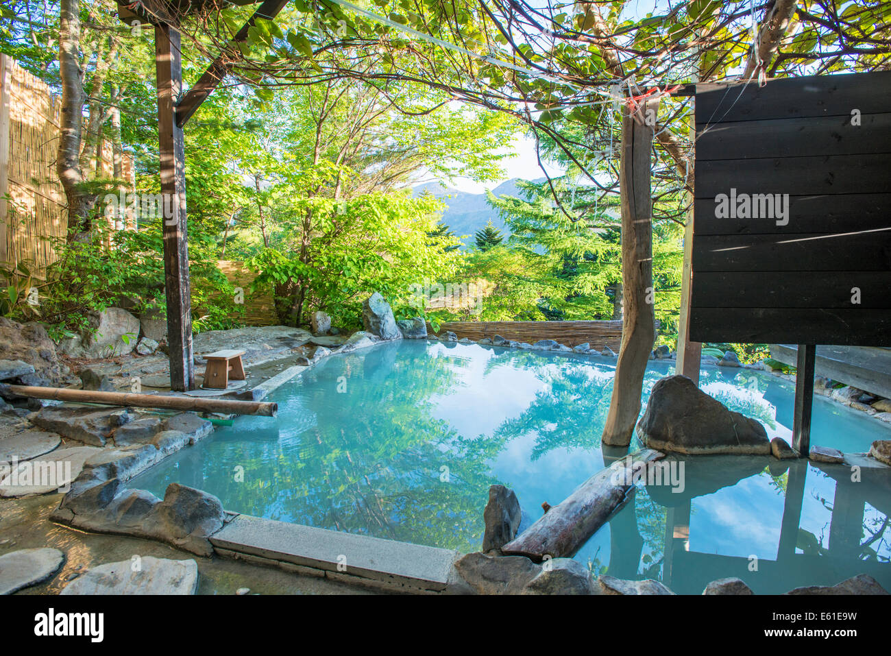 Baignoire en plein air ou rotenburo dans un ryokan traditionnel japonais inn à Nagano, Japon Banque D'Images