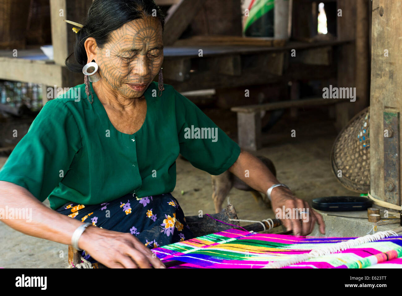 Femme avec des tatouages faciaux traditionnels et oreille bijoux de la chins, groupe ethnique, les derniers de leur espèce Banque D'Images