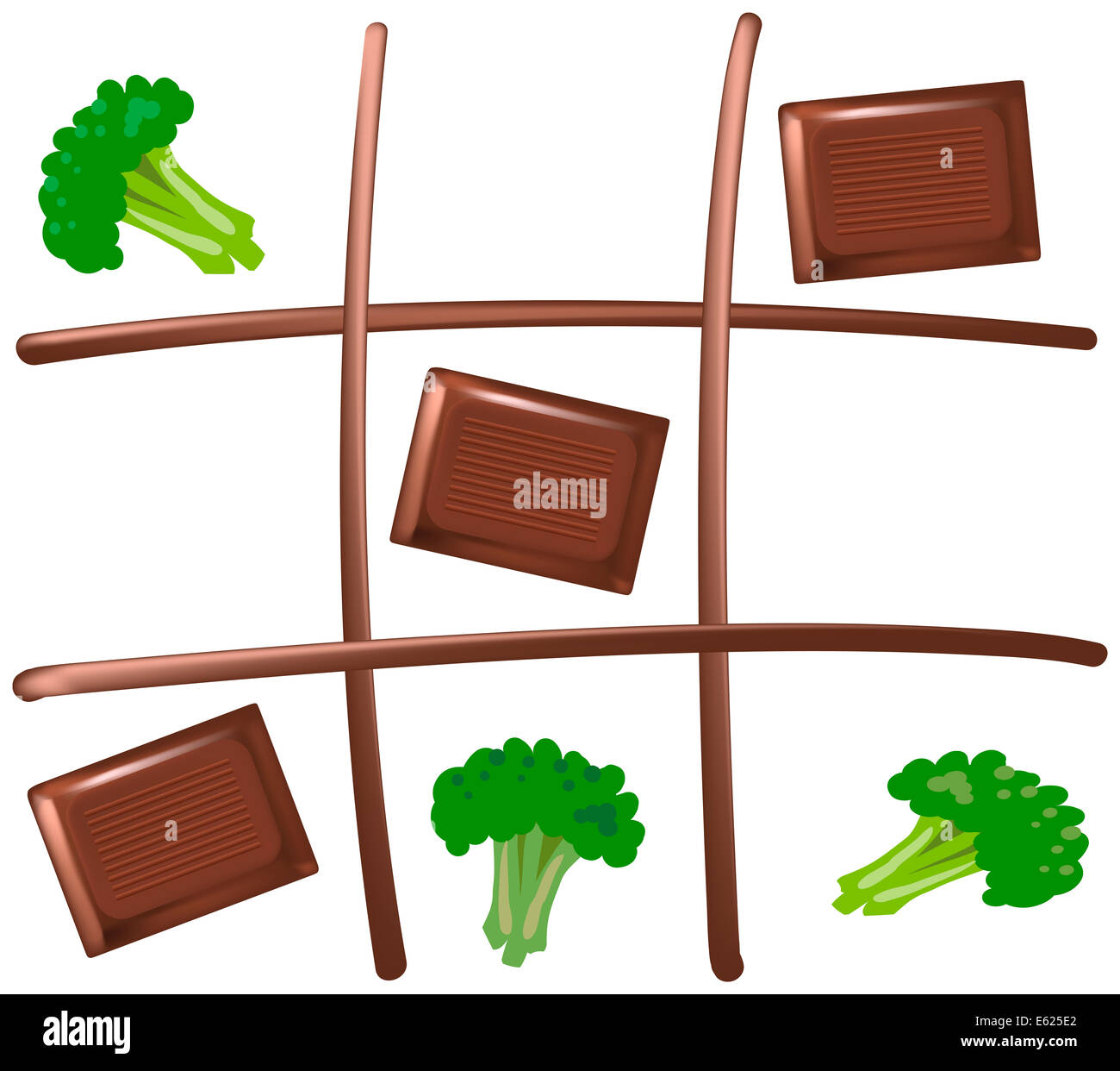 Tic Tac Toe avec des morceaux de chocolat et le brocoli. Le chocolat gagne. Banque D'Images