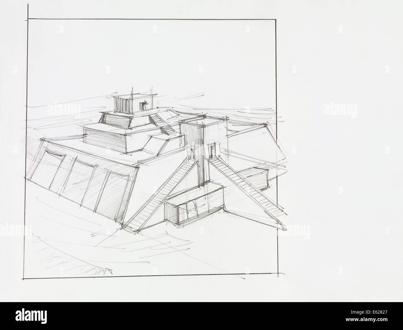 Hand drawn perspective architecturale de pyramide maya au Mexique Banque D'Images