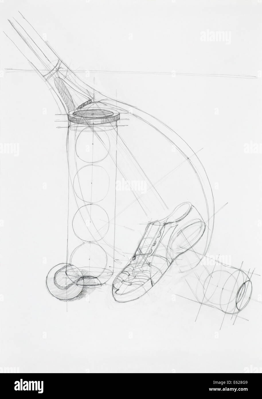 Étude de la composition artistique objets tennis, dessinée à la main Banque D'Images