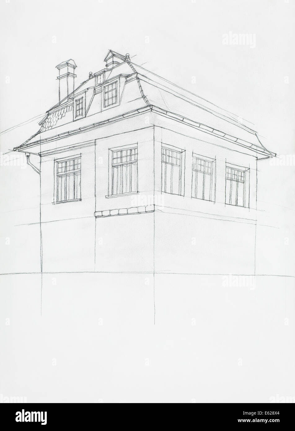 Croquis d'architecture de maison, construction, perspective hand drawn Banque D'Images